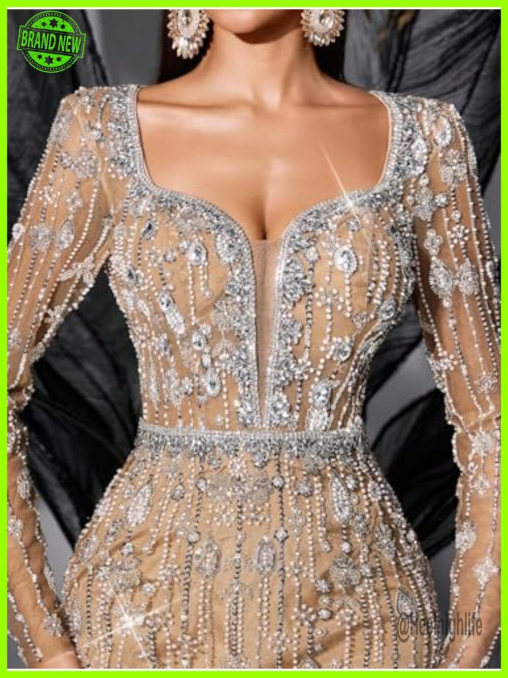Sequin Beaded Mermaid Prom Dress Long Sleeve Formal Evening Gown - Picture 4 of 6
